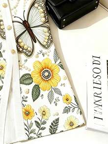 SHEIN Franclia Summer Elegant Floral & Butterfly Print Front Button Dress - Multicolor - View 5