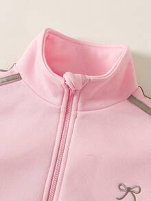 SHEIN 青少年女孩側條紋蝴蝶結刺繡圖案休閒極簡時尚運動夾克 秋冬款 - 淺粉色 - 查看 7