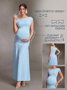 Cheriluna Maternity 輕奢單肩高彈力針織孕婦洋裝，修身抓皺大裙擺孕婦長洋裝，優雅大方的孕婦晚禮服 - 藍色 - 查看 8