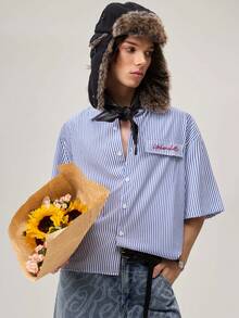 Vaulklash Men's Casual Striped Print Loose Fit Short Sleeve Shirt, Spring And Summer - Blue - View 1