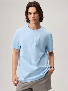Round Neck Solid Color Summer Knit Printed Short Sleeve Tee, Streetwear Inspired, Couple Things - Blue - View 4