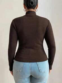 SHEIN PETITE CURVE Plus Size Autumn/Winter Casual Solid Color Turtleneck Warm T-Shirt Fall - Coffee Brown - View 9