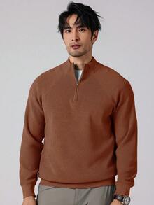 Manfinity Homme Suéter casual de manga raglán con cremallera de unicolor para hombre - Óxido marrón - Ver 3