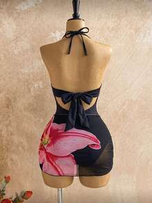 SHEIN Swim 女款一件式泳衣 硬罩杯鋼圈黑色鏤空設計，附配套遮陽裙，適合海灘度假、泳池派對、夏季熱帶性感風 - 黑色 - 查看 2