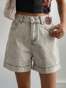 Livesso Summer Autumn June Festival High Waist Solid Light Gray Washed Cotton Casual Loose Fit Women's Denim Shorts - Light Grey - View 3