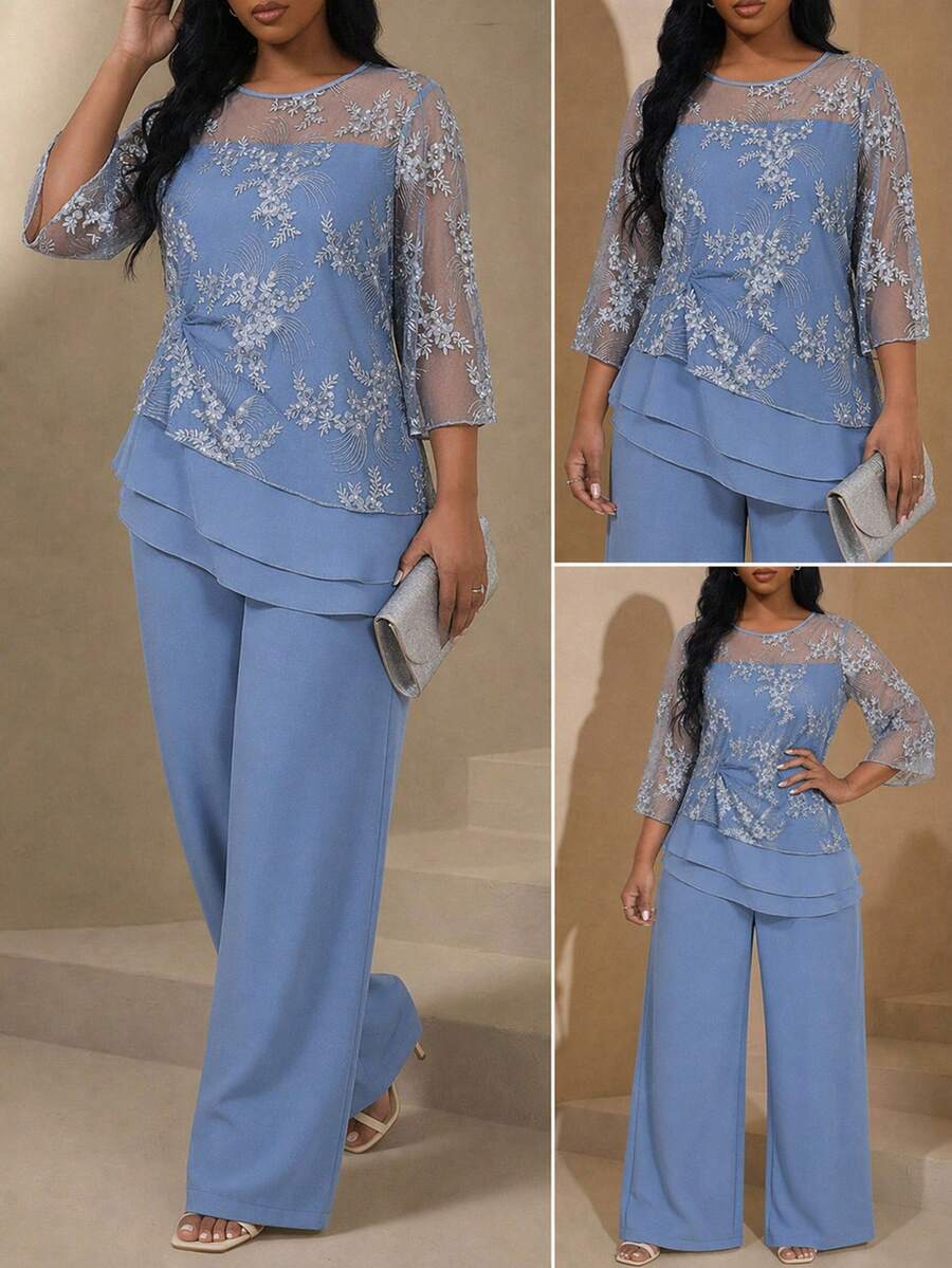 Reflora Plus Size Women's Lace Ruffle Hem Blouse And Loose Casual Elegant Pants 2pcs Set Autumn Gym Dusty Blue Powder Blue Fall Formal Wedding - Blue - View 1