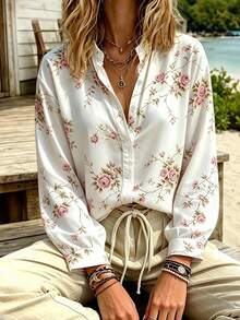 SHEIN Holidaya Women's New Autumn/Winter Printed Small Stand Collar Long Sleeve Blouse, Vintage Chic, French Elegant, Suitable For Daily Commute And Vacation - White - View 4