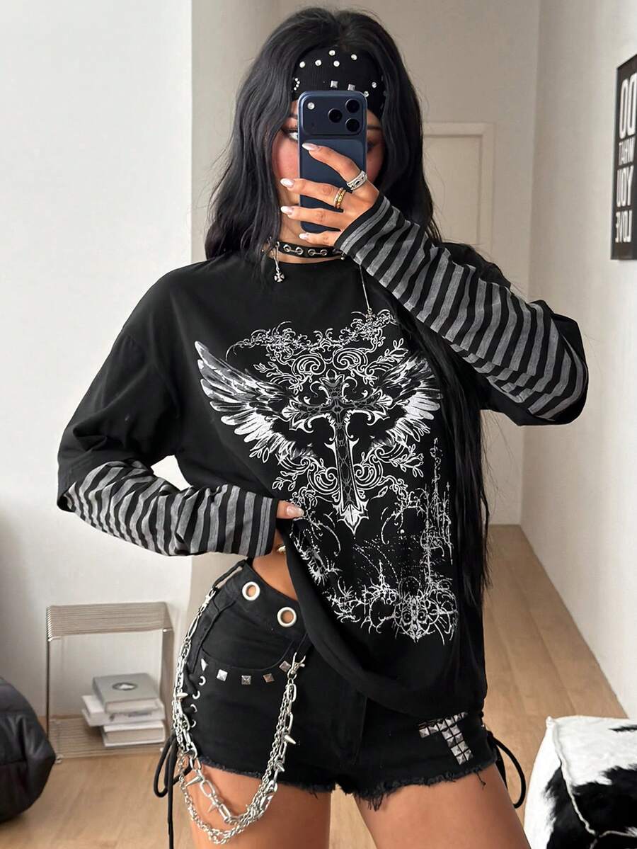 Coolane 女款秋冬街頭風休閒嬉皮學院風龐克哥德風純棉圖案寬版長袖T恤 - 黑色 - 查看 1