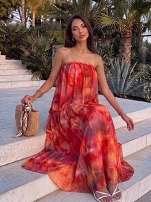 Firerie Women's Elegant Tropical Romantic Beach Vacation Party Date Afternoon Tea Sister Gathering Braided Red Orange Print Mesh Sheer Draped Tube Top Dress - Multicolor - View 5
