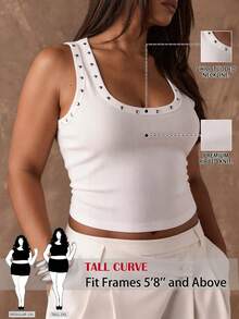 SHEIN Tall CURVE 大码女式铆钉贴花纯白色罗纹短款背心，适合休闲外出、朋友聚会、音乐节、派对、叠穿或居家休闲穿着。白色背心，白色贴花背心，女士休闲白色背心，白色背心 - 白色 - 查看 1