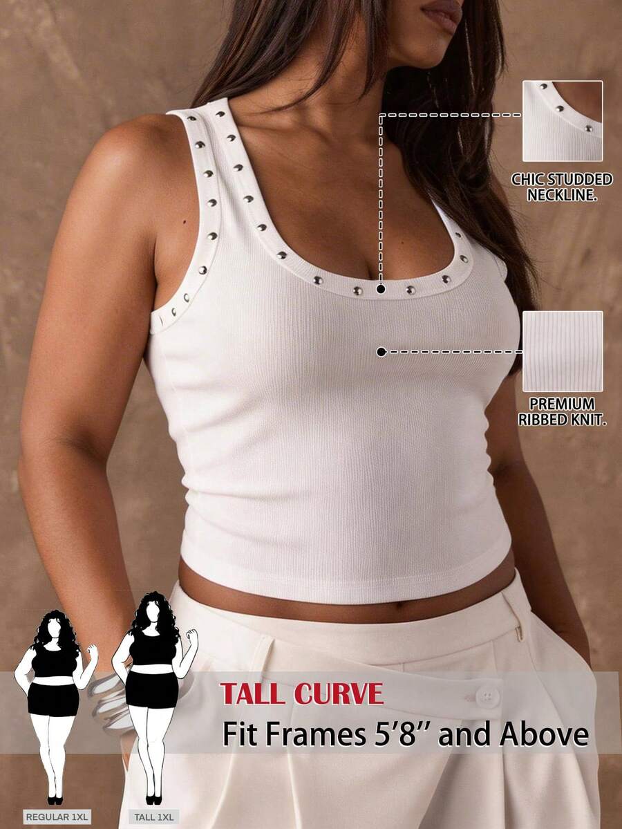 SHEIN Tall CURVE 大码女式铆钉贴花纯白色罗纹短款背心,适合休闲外出、朋友聚会、音乐节、派对、叠穿或居家休闲穿着。白色背心,白色贴花背心,女士休闲白色背心,白色背心 - 白色 - 查看 1