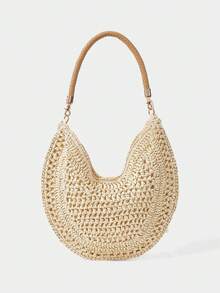 SHECARRY Ladies' Fashionable Beige Shoulder Bag, Hand-Woven Half-Moon Bag, Exquisite Vacation Leisure Versatile, Travel, Beach, Seaside, Bohemian - Beige - View 4