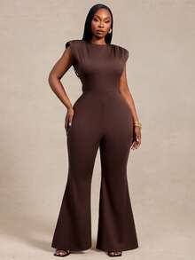 Radiana Curve Mono de mujer talla grande para otoño/invierno, sexy y elegante, con hombros acolchados, ajuste ceñido y pierna acampanada, adecuado para ir al trabajo, reuniones, fiestas y oficina - Marrón - Ver 7