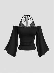 Sweetra Women's Lace Patchwork Cold Shoulder Halter Neck Flared Sleeve T-Shirt, Versatile For Daily Wear, Casual Outings, Sexy Style - Black - View 1