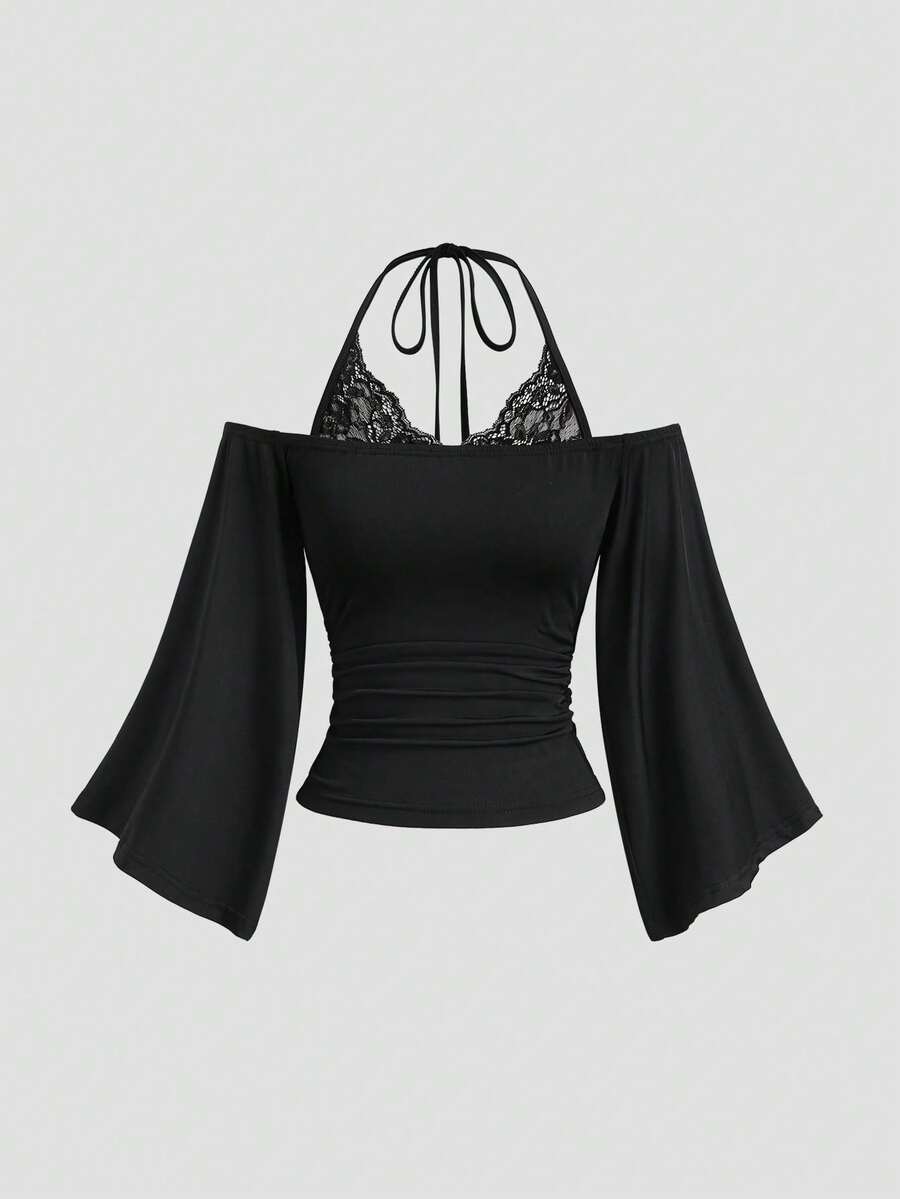 Sweetra Women's Lace Patchwork Cold Shoulder Halter Neck Flared Sleeve T-Shirt, Versatile For Daily Wear, Casual Outings, Sexy Style - Black - View 1