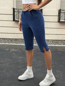 Flexra 女款街頭時尚口袋開衩牛仔褲 - 藍色 - 查看 5