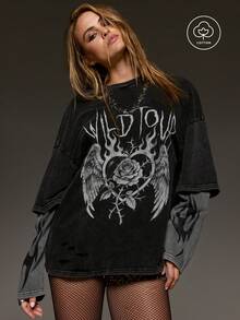 BAD SUNDAY Women's All-Season Print Distressed 2 In 1 Crew Neck Long Sleeve T-Shirt, Y2K Vintage Graphic Grunge Concert Dark Grey Brown Zebra Print Fall - Black - View 8
