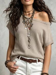 SHEIN Casual Elegant Women's Loose Asymmetric Neck Top - Khaki - View 2