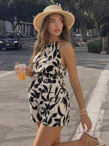 SHEIN Maternity Printed Tie-Up Casual Vacation Romper - Black and White - View 1