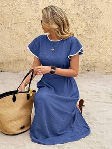 SHEIN Frenchy Women's Piped Round Neck Ruffle Short Sleeve Elegant Mid-Length Dress - Blue - View 6