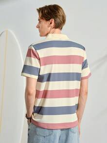 VeloEdit 男士短袖條紋紋理 Polo 衫，夏季休閒高爾夫球衫，老錢風復古街頭風，適合辦公室與戶外穿著 - 粉色 - 查看 3
