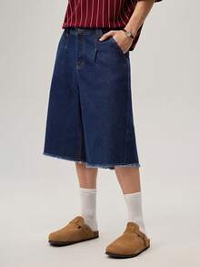 Vaulklash Men's Solid Color Minimalist Denim Wide Leg Shorts - Dark Wash - View 4
