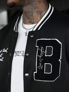 SLATEMANN Men's Letter Pattern Striped Long Sleeve Single-Breasted Baseball Jacket - Black - View 3