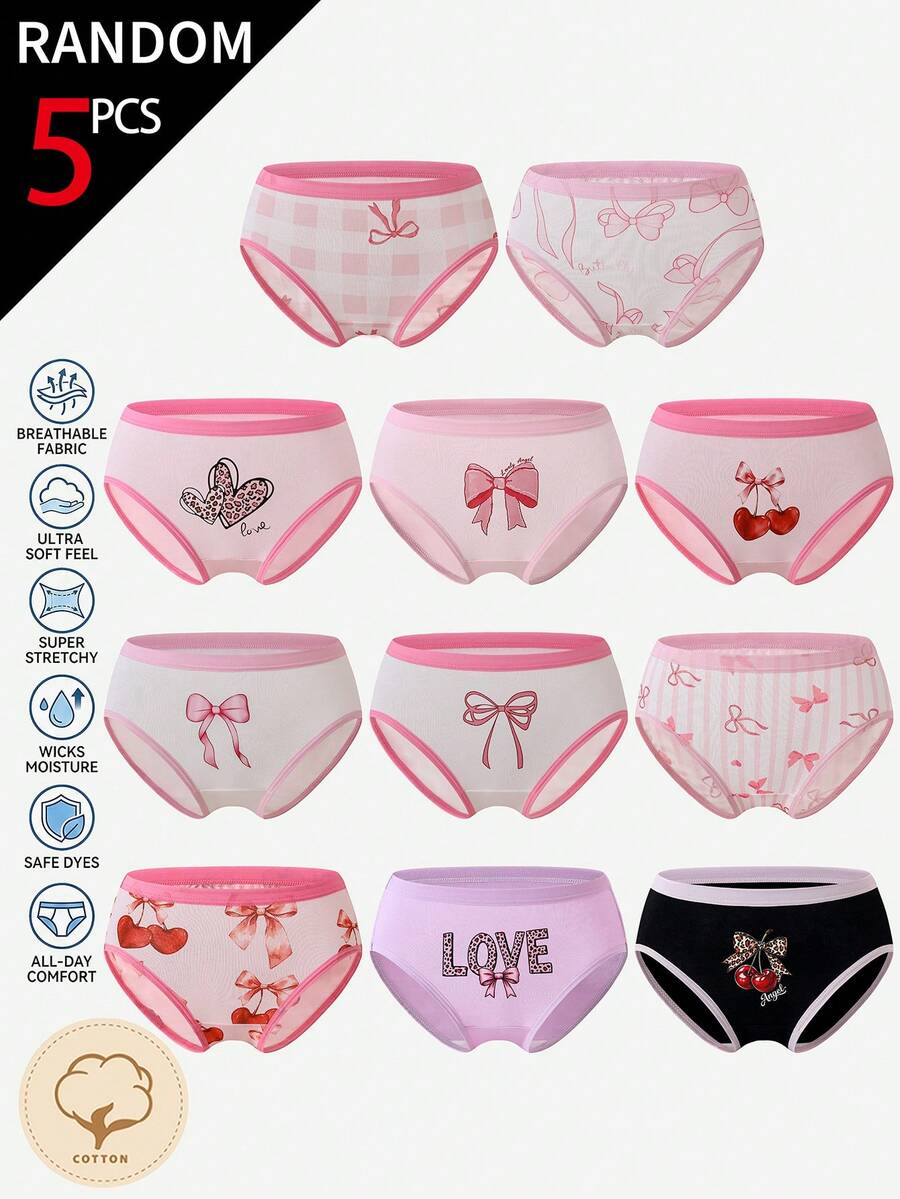 SHEIN [5pcs Random Assortment]All Season Random Girls Toddler Multi-Color Cute Heart Bow Cherry Simple Cute Multi-Color Multi-Pattern Traceable Cotton Printed Combination Triangle Panties - Multicolor - View 1