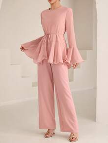 Graceveil Dusty Pink Round Neck Flared Sleeve Loose Fit Skirt, Women's 2 Pieces Set For Daily Wear Brunch Autumn Modest Elegant Brunch Tea Party - Pink - View 7