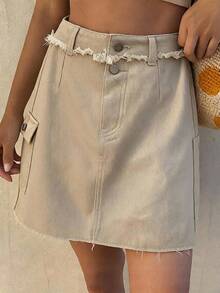 DAZY Summer Autumn Cotton High Waist Solid Color Washed Casual A-Line Slim Fit Contrast Stitching Khaki Women's Denim Skirt - Khaki - View 4