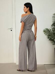 SHEIN PETITE 女款棕色格紋露肩兩件式套裝，附金屬裝飾，適合辦公穿著 - 棕色 - 查看 2