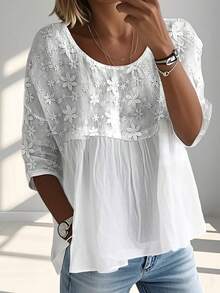 INAWLY Women's Floral Embroidery Round Neck Loose Half Sleeve Casual Blouse - White - View 1