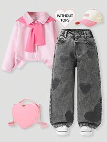 SHEIN 女童/幼童時尚雪花水洗做舊刺繡喇叭褲 - 灰色 - 查看 7
