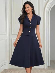 Medorina Women's Elegant Commute Short Sleeve Blouse & Skirt Suit Set - Navy Blue - View 4
