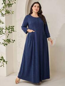 Al Najma 大尺碼女款純色圓領七分袖鈕扣設計口袋休閒洋裝 - 藍色 - 查看 7