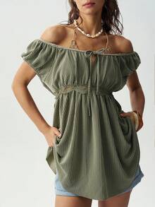 Bohemela Women's Casual Elegant Cottage Core Boho Solid Color Knit Scoop Neck Short Sleeve T-Shirt Vacation Sage Green Summer - Army Green - View 1