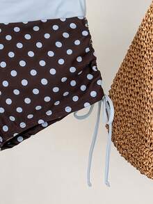 Elavelle Retro Coffee-Colored Polka Dot High-Waisted Swimwear For Women, Contrasting Light Blue, Wide Waistba - Multicolor - View 7