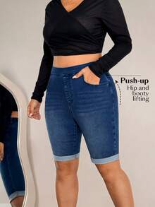 Flexra Plus Size Women's Casual Slim Fit Denim Shorts Trail Ride Navy Blue Summer - Dark Wash - View 2