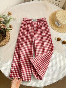 SHEIN Young Girl LMoss Young Girl Woven Plaid Loose Casual Pants - Red - View 7