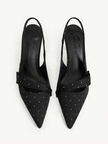 CUCCOO CHICEST Women Shoes Black Canvas Bow Pointed Toe Middle Heel Back Trip Band Women's Shoes Suitable For Daily Commuting Dating Slingback Shoes Fall Shoes - Black - View 2