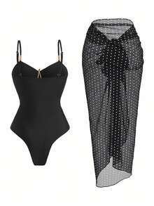 Swim Oasis 女款夏季海灘度假連身泳衣，前胸鏤空設計，海星裝飾，抓皺修身剪裁，附配套繫帶長裙 - 黑色 - 查看 2