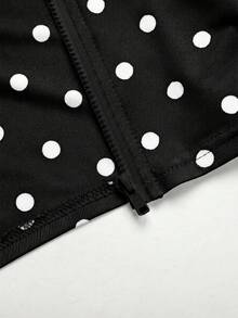 SHEIN 青少年女孩針織黑白波點印花三件套長袖立領拉鍊上衣 - 黑色 - 查看 7