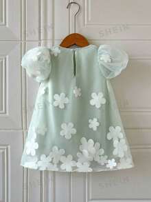 SHEIN Glamorique Kids 女嬰公主洋裝，3D花朵，泡泡袖，綠色薄紗洋裝，生日派對，婚禮節日禮服，舞會洋裝，畢業洋裝，夏季洋裝 - 綠色 - 查看 3