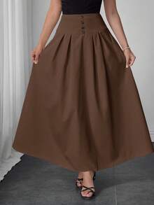 Modelyn Decorative Buckle Pleated Solid Color Elegant Skirt - Brown - View 6