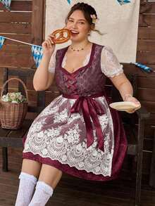 SHEIN CURVE+ Plus Size Lace Trim Design Embroidered Mesh Hem Sleeveless Elegant Dress, Fall Winter 2026 22W - Burgundy - View 6