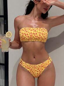 Swim Mod 女款奶油黃夏季休閒可愛碎花比基尼套裝，露背無肩帶兩件式海灘穿搭，度假海灘裝 - 黃色 - 查看 1