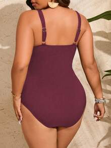 Swim Lushoire Traje de baño de una pieza con tirantes finos y fruncido de unicolor para mujer talla grande - Burdeos - Ver 2