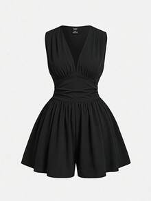 SHEIN MOD Jumpsuit Kasual Serbaguna Ukuran Besar Leher V Pinggang Pendek Kaki Lebar Warna Hitam Polos 95% Katun - Hitam - View 7
