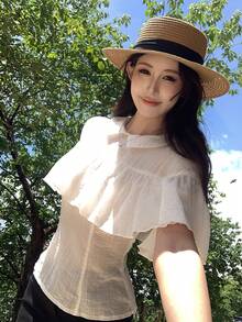 DAZY Women's Korean Style Solid Color Long Sleeve Blouse With Lapel And Ruffle Trim, Spring/Summer - White - View 1