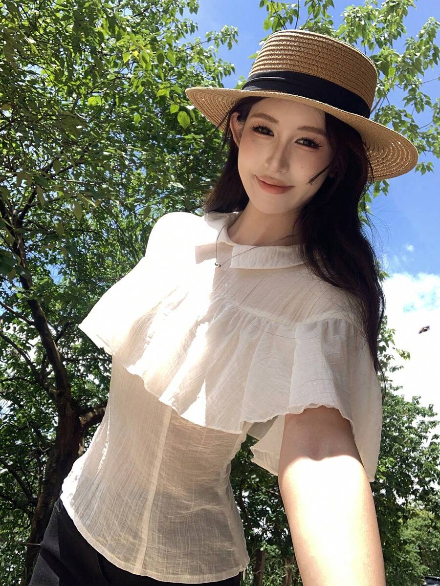 DAZY Women's Korean Style Solid Color Long Sleeve Blouse With Lapel And Ruffle Trim, Spring/Summer - White - View 1